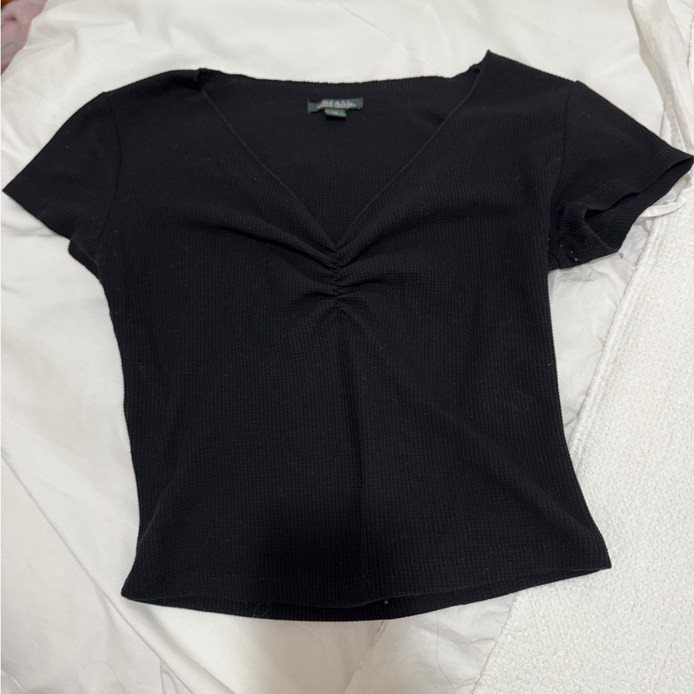 Wild Fable Waffle Knit Cropped V-Neck T-Shirt Black Size XS